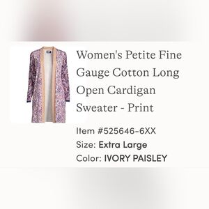 LAND'S END Ivory Paisley Women's Petite Cardigan Sweater Size XLP